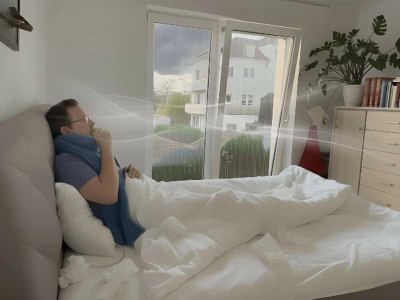 Schlafzimmer mit offenes Fenster- und Zugluft